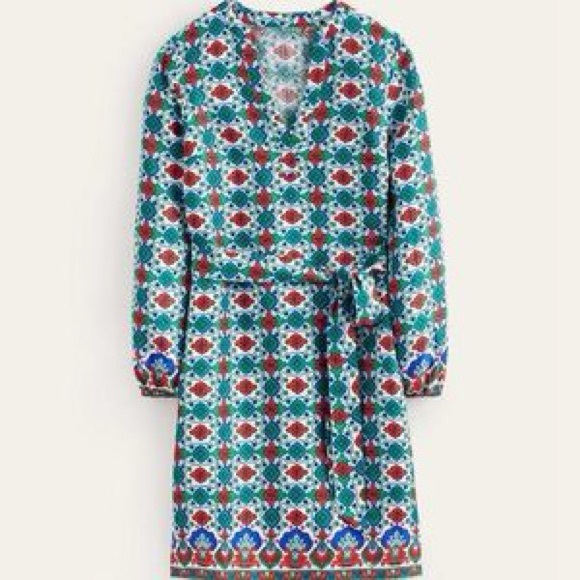 BODEN Cleo Linen Tie Waist Dress Ivory Amalfi Print Preppy Boho Red Blue Size 2 - Picture 13 of 13